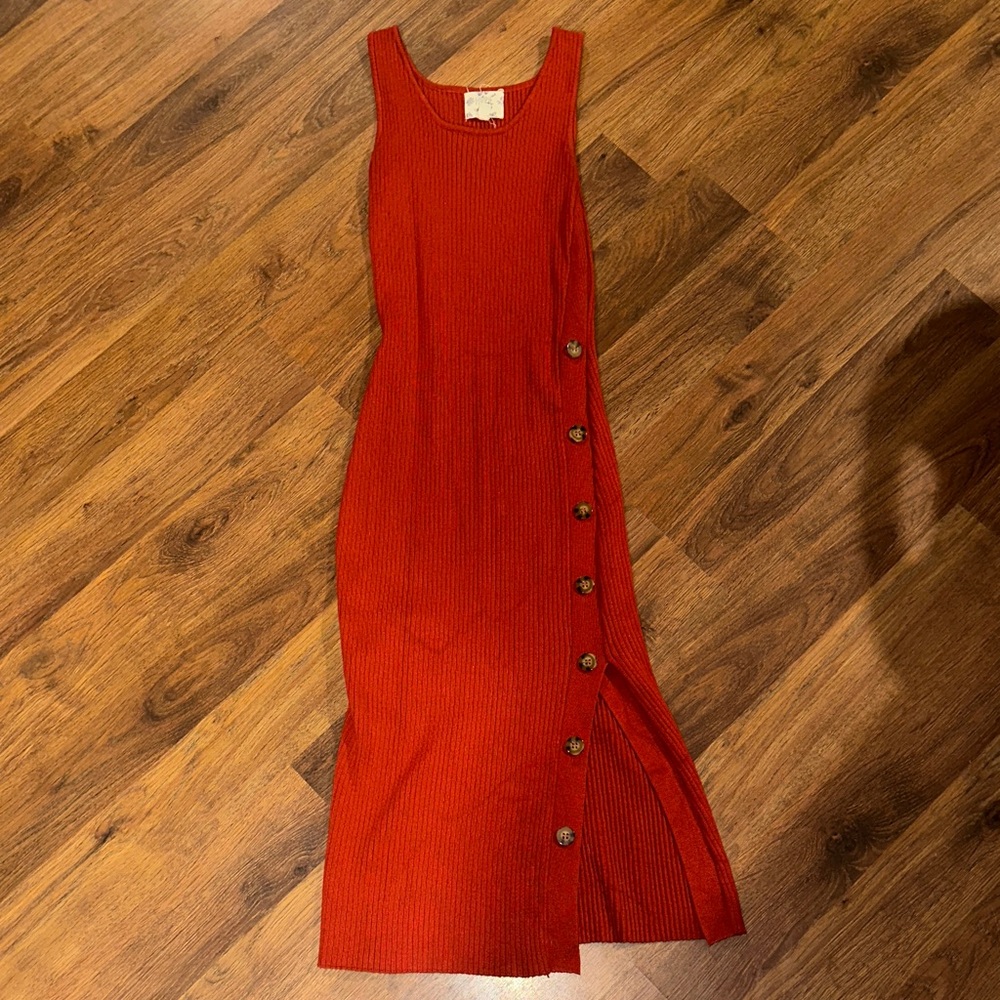 Hippie Rose Red Midi Dress with Side Buttons